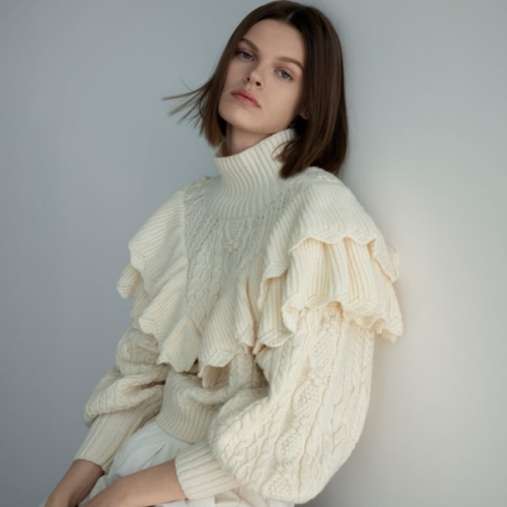 ZARA Solid Ivory Pullover Turtleneck Flutter Knit Sweater